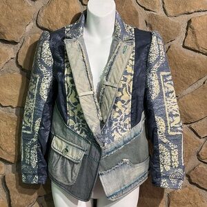 Desigual Denim Jean Blazer Style Jacket, Blue and Gold Metallic Highlights, NWOT